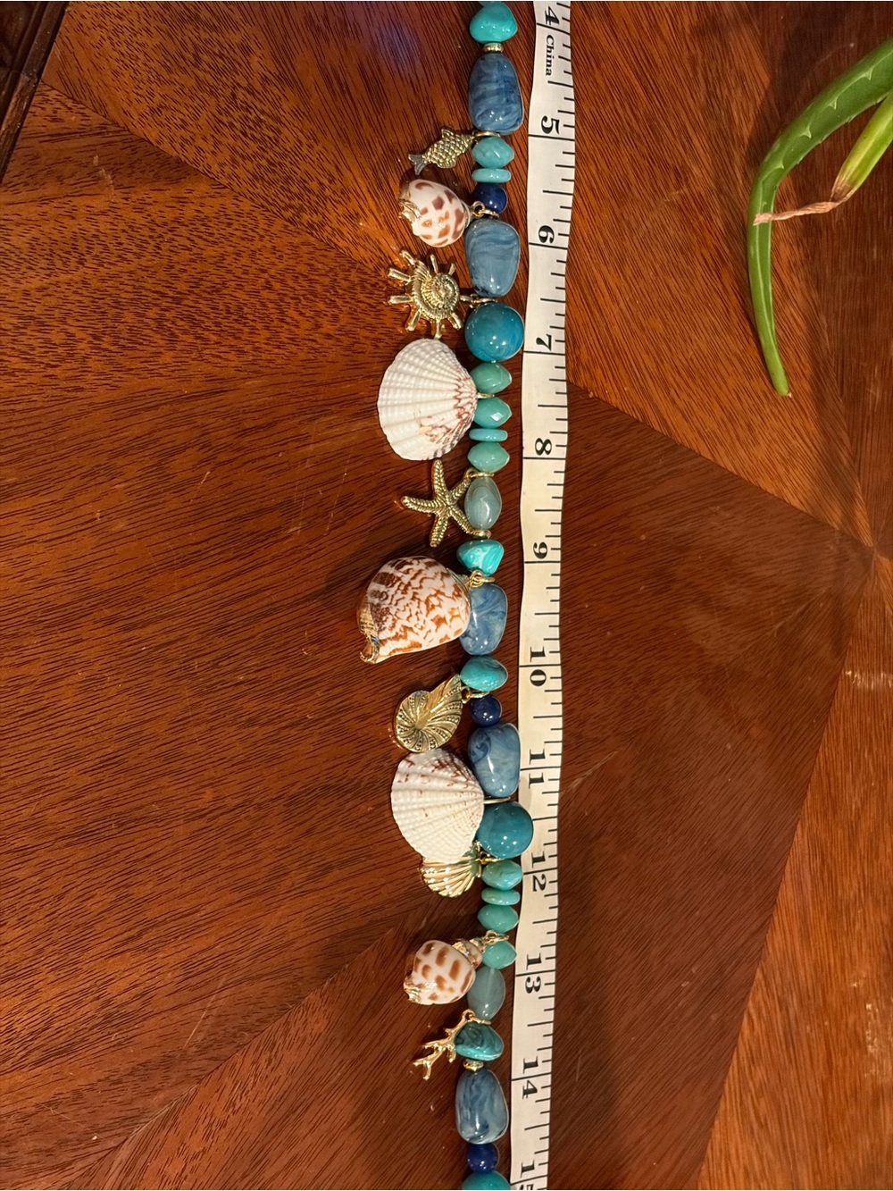 Turquoise Bead Shell Charm Necklace with Gold Accents - Women Jewelry - Picture 6 of 8